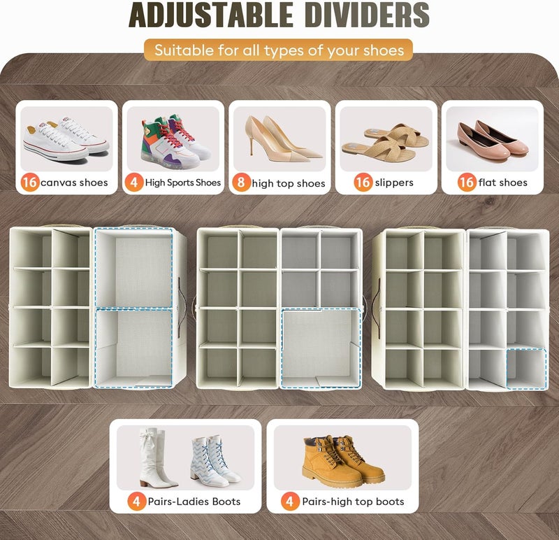 Budding Joy 2 Pack Shoe Organizer for Closet, Clear Foldable Shoe Storage Containers Adjustable Dividers Fits 16 Pairs,Shoe Storage Bins Baskets Boxes with Reinforced Handles Beige Yellow Beige - Image 2